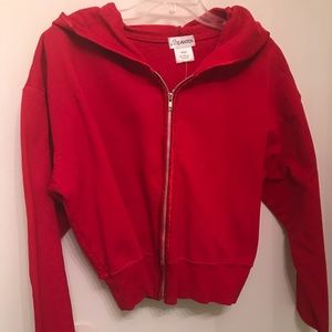 New red hooded zip up jacket with satin trim